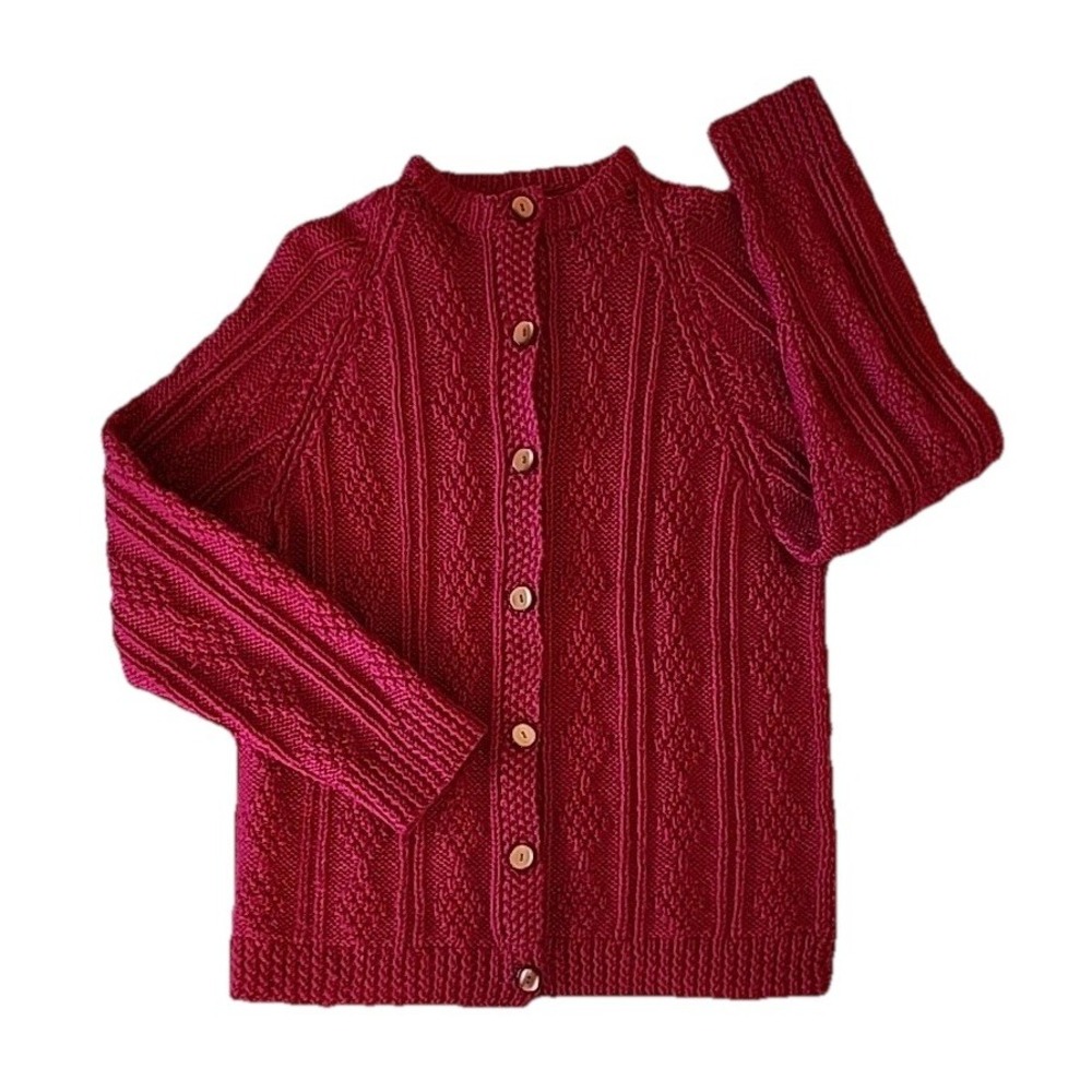 Womens Fisherman Cable Knit Cardigan Sz M Hand Knit Pink Cottage Retro Sweater - Picture 2 of 8